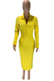 Yellow Elegant Solid Embroidered Split Joint O Neck Pencil Skirt Dresses