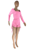 Pink Sexy Solid Patchwork Square Collar Skinny Rompers