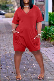 Red Fashion Casual Solid Basic V Neck Regular Rompers