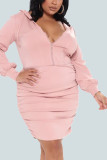 Pink Work Daily Solid Split Joint Hooded Collar Pencil Skirt Plus Size 