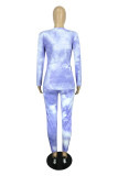 Light Blue Fashion Casual Print Tie-dye V Neck Long Sleeve Two Pieces