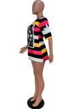 Multi-color Polyester O Neck Half Sleeve Sequin Striped Patchwork Tees & T-shirts