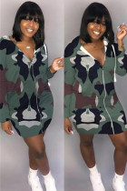 Green Polyester Casual Fashion adult Cap Sleeve Long Sleeves O neck Straight Knee-Length Print camouflage