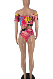 Red Yellow Fashion Sexy Print Hollowed Out Backless Strap Design Swimwears