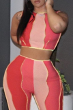 Red Sexy Color Block Patchwork O Neck Sleeveless Two Pieces