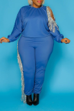 Blue Casual Solid Tassel O Neck Plus Size