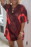 Red Fashion Casual Print Basic O Neck T-shirt Dress