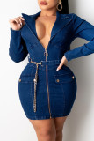 Blue Fashion Casual Solid With Belt Turndown Collar Long Sleeve Dresses