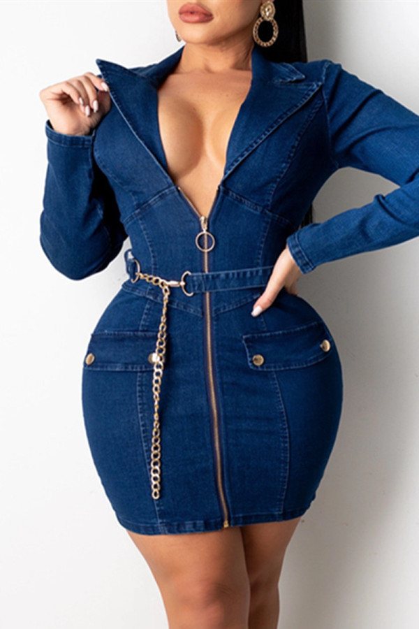 Blue Fashion Casual Solid With Belt Turndown Collar Long Sleeve Dresses