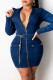Blue Fashion Casual Solid With Belt Turndown Collar Long Sleeve Dresses
