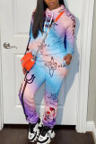 Blue Casual Print Hooded Collar Long Sleeve Two Pieces