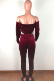 Wine Red Sexy Solid Two Piece Suits pencil Long Sleeve Two-piece Pants Set