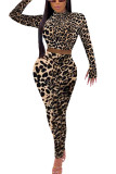 Leopard print Polyester Europe and America Leopard Print pencil Long Sleeve Two Pieces