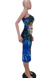 Blue Polyester Fashion Sexy Red Blue Green Pink Yellow Spaghetti Strap Sleeveless Slip A-Line Mid-Calf Print Character Dresses