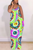 Green Polyester Fashion adult OL Green Multi-color multicolor Off The Shoulder Sleeveless V Neck Swagger Floor-Length Print Patchwork Tie and dye Dresses