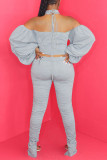 Grey Street Solid Backless Fold O Neck Long Sleeve Two Pieces