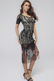 Black Polyester Sexy Cap Sleeve Short Sleeves O neck Step Skirt Knee-Length Solid Casual Dresses