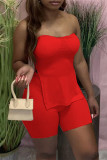 Red Sexy Casual Solid Backless Slit Strapless Sleeveless Two Pieces
