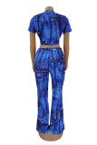 Deep Blue Fashion Casual Print Basic O Neck Short Sleeve Two Pieces