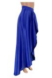 Royal blue Polyester Zipper Fly Mid Asymmetrical Patchwork Solid Loose Skirts