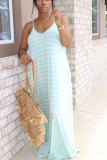 Light yellow Polyester Fashion Casual adult White Light yellow Light Purple Sky Blue Off The Shoulder Sleeveless Slip A-Line Floor-Length Striped Print Patchwork Pocket Dresses