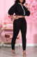 Black Casual Solid Fold Turndown Collar Long Sleeve Two Pieces