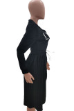 Black Polyester Sexy Cap Sleeve Long Sleeves Turndown Collar pleated Knee-Length Character Solid Long Sle