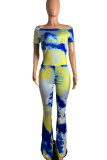 Yellow and blue Fashion Print Patchwork O Neck Boot Cut Jumpsuits