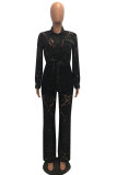 Red Polyester Elastic Fly Long Sleeve Mid lace Patchwork Straight Pants Two-piece suit