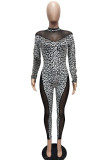 White Casual Print Leopard Patchwork O Neck Regular Jumpsuits