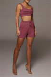 Purplish Red Casual Sportswear Letter Embroidered U Neck Sleeveless Two Pieces