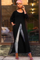 Black Polyester O Neck Nine Sleeves Solid Long Sleeve Tops