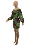 Green Work Print Bateau Neck Lantern Skirt Dresses