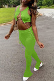 Fluorescent green Blends Casual Patchwork Solid Split Draped Bandage Loose Sleeveless Two Pieces