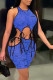 Blue Sexy Print Bandage O Neck Sleeveless Two Pieces