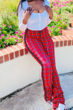 Red Casual Plaid Patchwork Skinny Small Elastic High Waist Pencil Bottoms