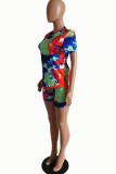 Red-green venetian Fashion adult Ma'am Street Print Tie Dye Two Piece Suits pencil Short Sleeve Two Pieces