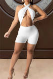 Yellow Sexy Solid Hollowed Out Backless Strap Design Halter Skinny Romper
