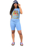 Blue Polyester Fashion Casual adult Letter Patchwork Print Two Piece Suits Straight Short Sleeve Two Pieces