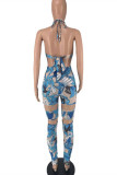 Blue Fashion Sexy Print Hollowed Out Backless Strap Design Strapless Skinny Jumpsuits