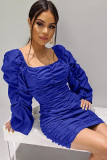 Navy Blue Sexy Bubble sleeves Long Sleeves V Neck Asymmetrical Knee-Length asymmetrical Solid Patchw