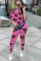 Pink Polyester Fashion Casual asymmetrical Two Piece Suits Letter Lips Print Regular Short Sleeve Two-pi