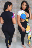 Black Fashion Sexy Print Patchwork Hollow Short Sleeve O Neck Jumpsuits