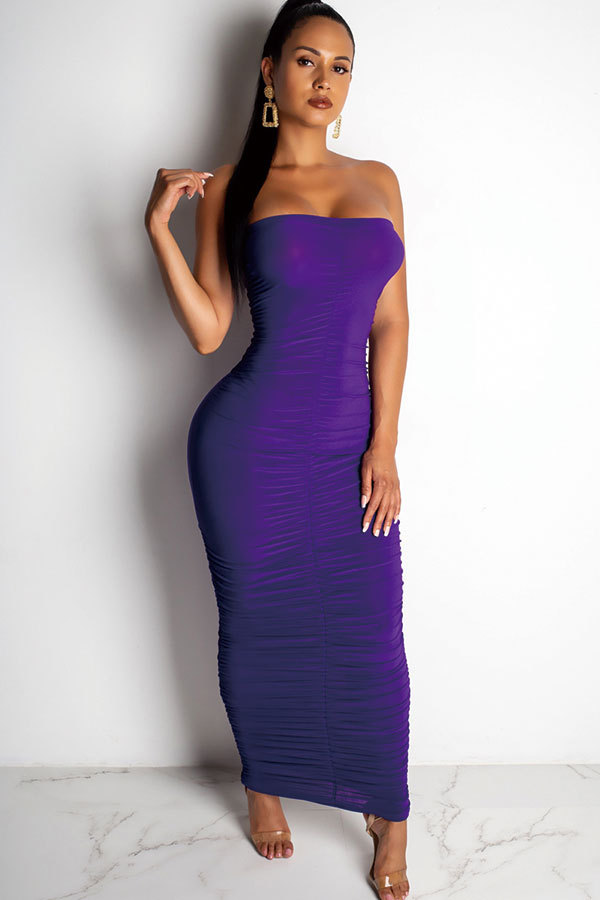 purple Fashion Sexy Off The Shoulder Sleeveless Wrapped chest Pleated Ankle-Length Draped Patchwo