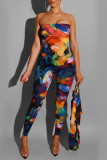 Blue Fashion Casual Print Basic Long Sleeve Two Pieces