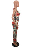multicolor Polyester Sexy One Shoulder Sleeveless O neck Asymmetrical Ankle-Length Print Dresses