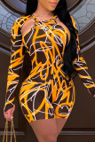 Orange Fashion Sexy Print Hollowed Out O Neck Skinny Rompers