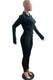 Black Fashion Casual Adult Solid Patchwork Turndown Collar Long Sleeve Regular Sleeve Regular Two Pieces