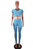 Blue Sexy Striped Patchwork O Neck Sleeveless Two Pieces
