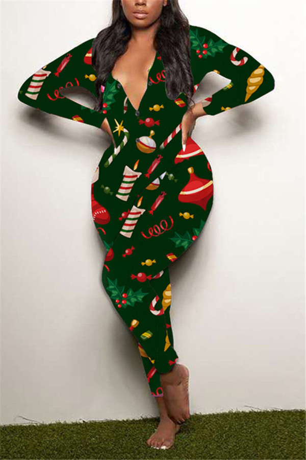 Green Casual Living Print Basic V Neck Regular Jumpsuits